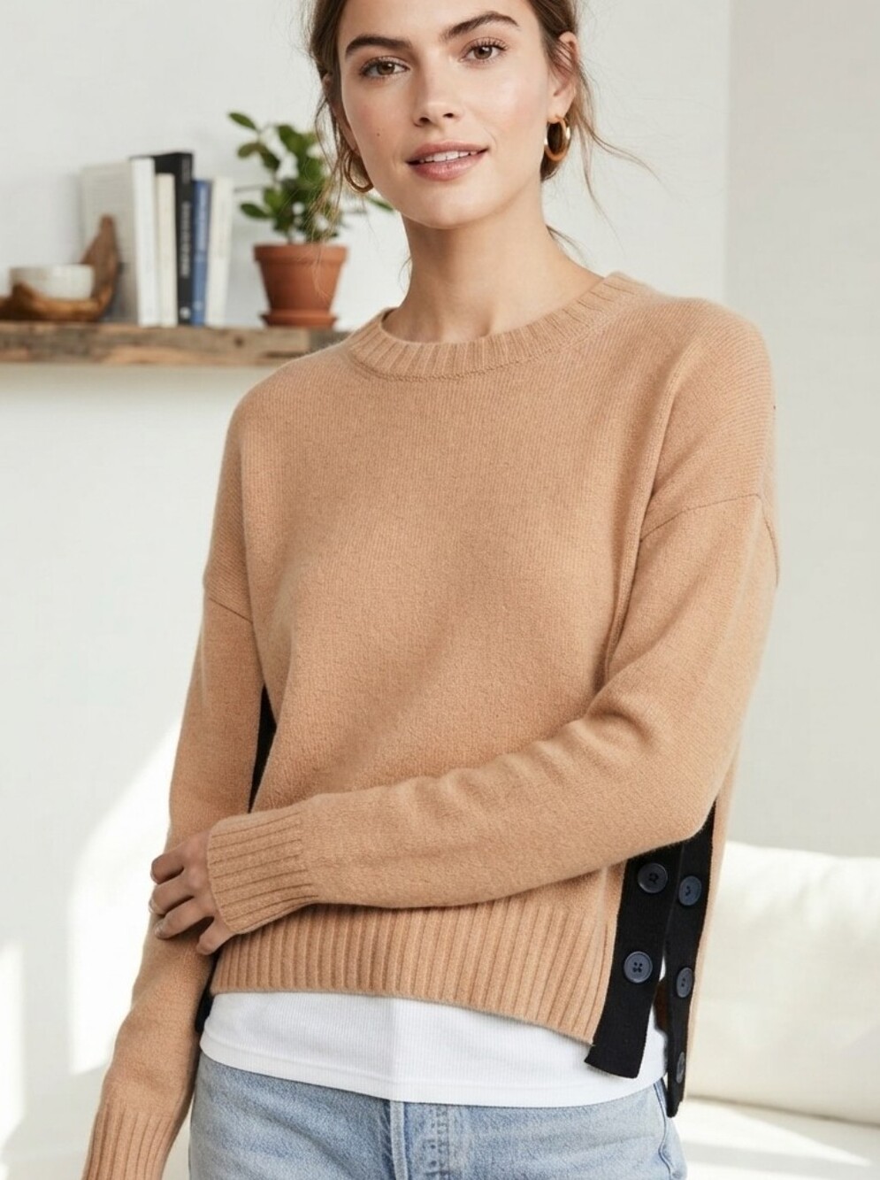 Boden Zia Hano Button Side Jumper Camel Tan Black Sweater Size S